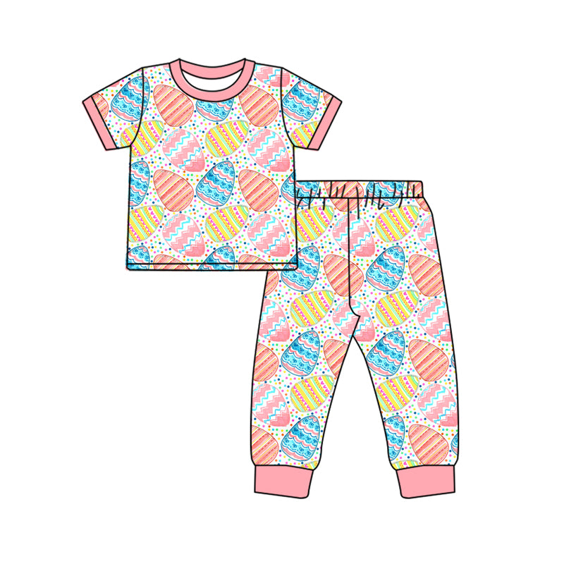 (Custom Design Preorder MOQ 20) Colorful Eggs Print Girls Easter Bamboo Pajamas Clothes Set