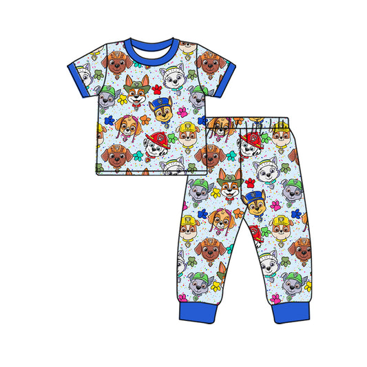 (Custom Design Preorder MOQ 20) Cartoon Dog Blue Print Boys Pajamas Bamboo Clothes Set