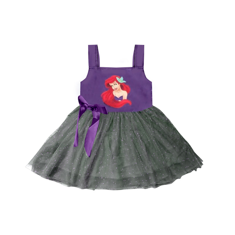 (Custom Design Preorder MOQ 5) Cartoon Princess Purple Print Girls Knee Length Summer Tulle Dress
