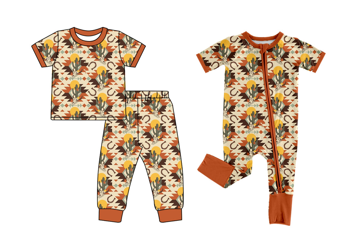 12.22 (Custom Design Preorder MOQ 5 Each Design) Aztec Cactus Skull Print Girls Western Pajamas Matching Clothes Sisters Wear