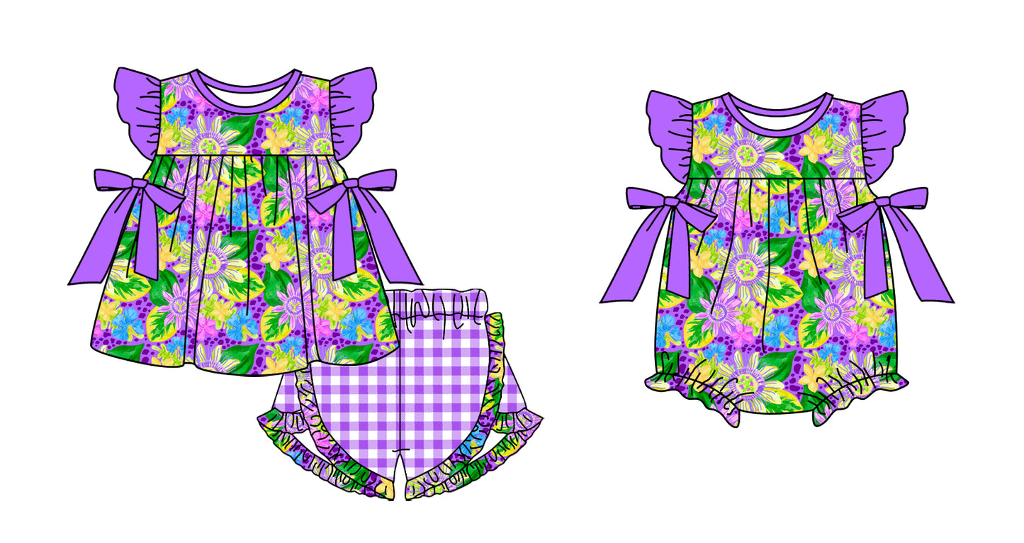 11.12(Custom Design Preorder MOQ 5 Each Design) Flowers Purple Print Girls Summer Matching Clothes Sisters Wear