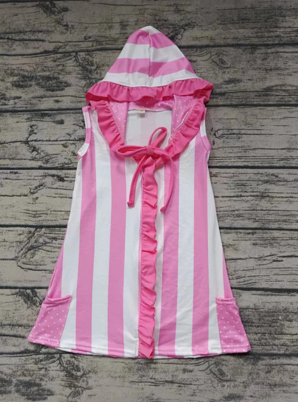 (Custom Design Preorder MOQ 5) Pink Stripes Print Girls Hooded Swimming Coverup