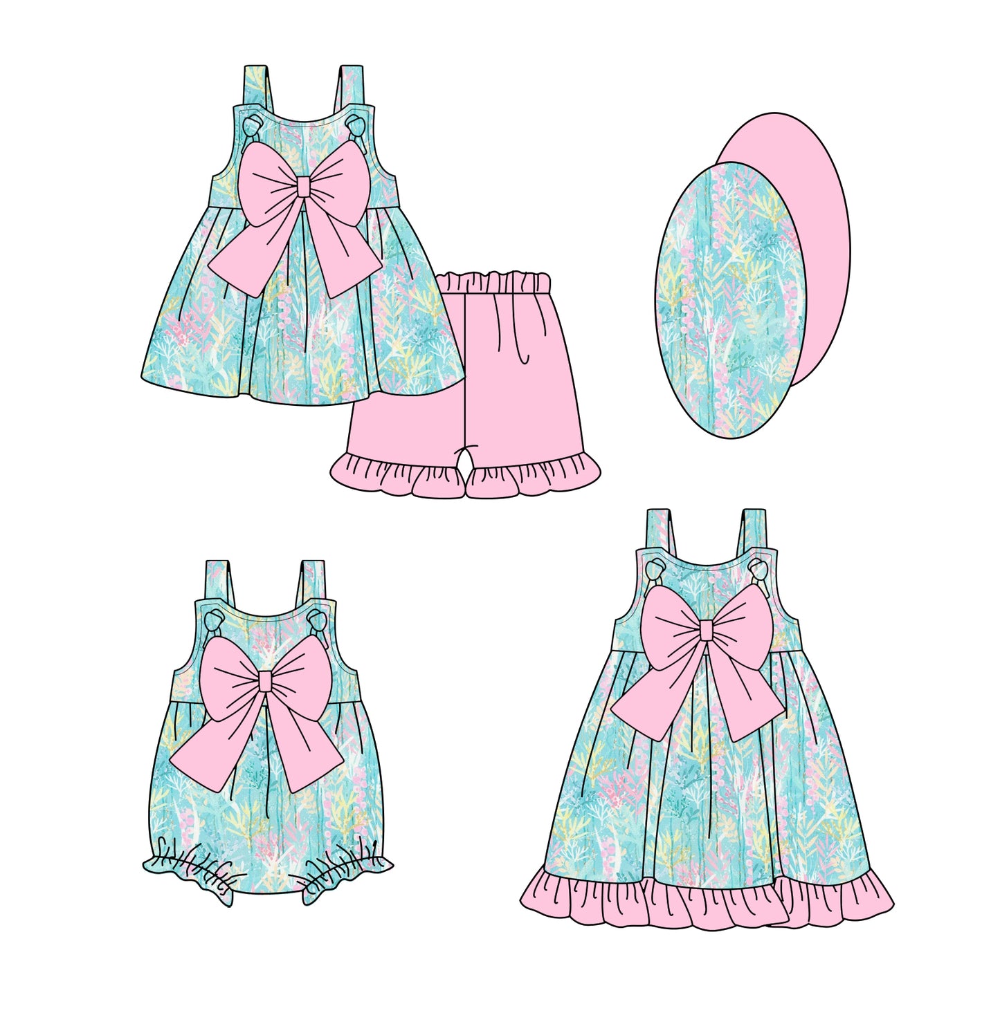 1.4(Custom Design Preorder MOQ 5 Each Design) Seaweed Pink Print Girls Summer Matching Clothes Sisters Wear