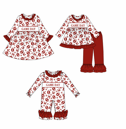 (Custom Design Preorder MOQ 5 Each Design) Game Day Cheer Bows Red Print Girls Matching Clothes Sisters Wear