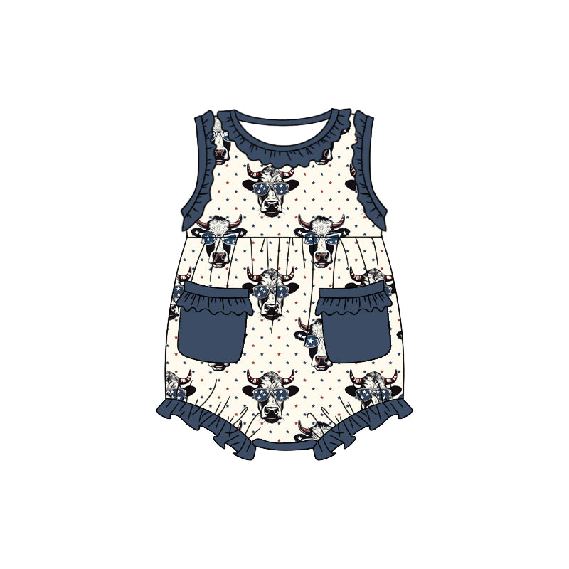 (Custom Design Preorder MOQ 5) Highland Cow Stars Print Baby Girls 4th of July Western Romper