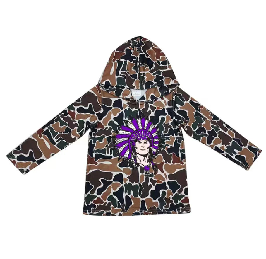 (Custom Design Preorder MOQ 5) Team Groves Brown Camo Print Kids Long Sleeve Hoodie Top