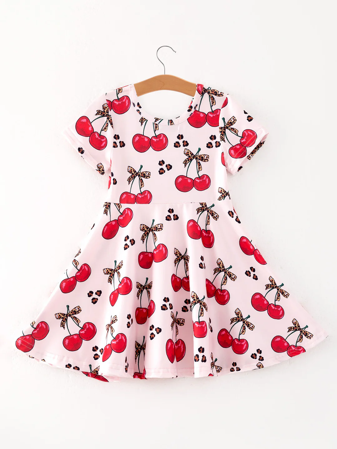 (Custom Design Preorder MOQ 5) Cherry Leopard Print Girls Summer Knee Length Dress