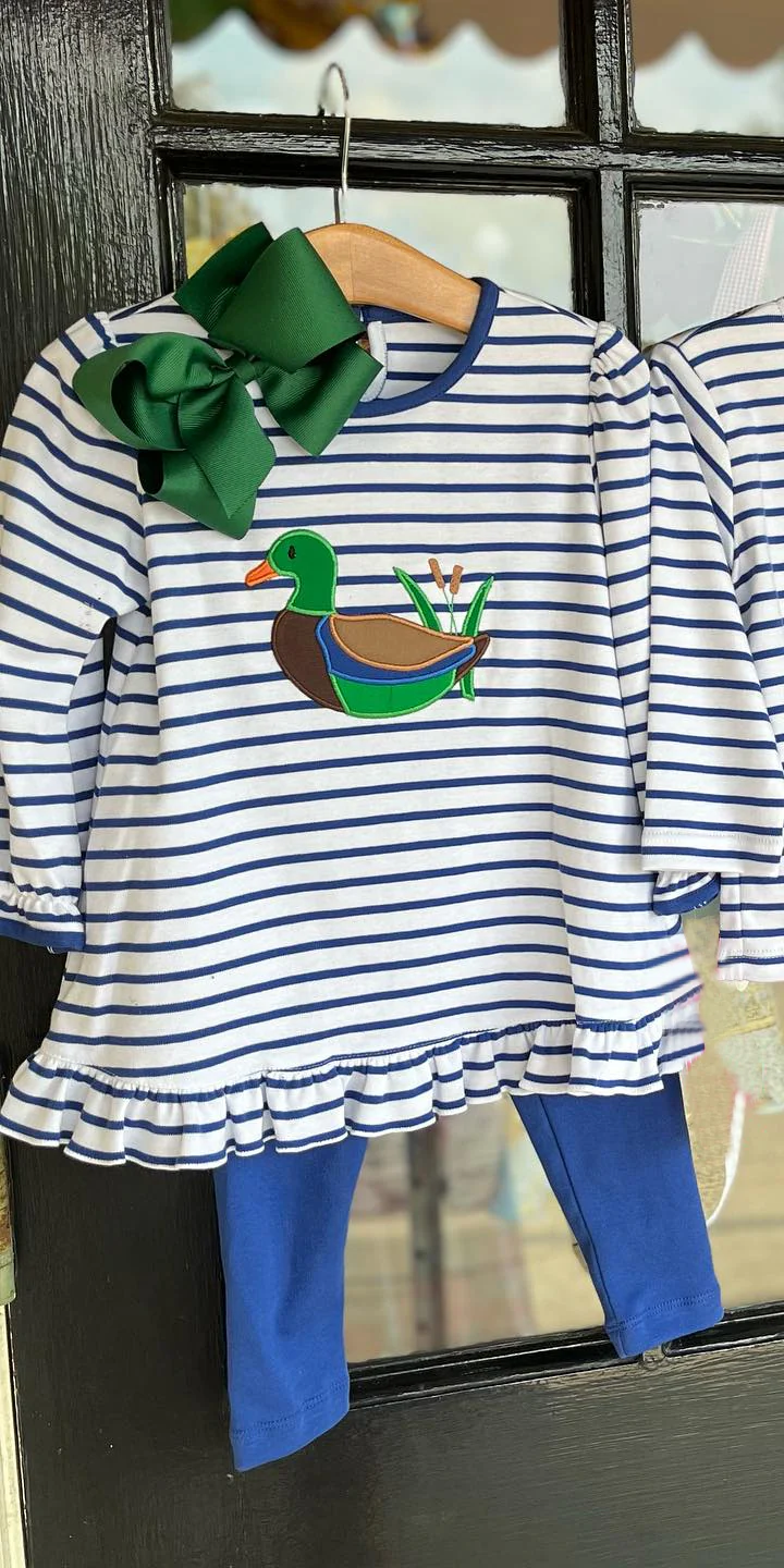 (Custom Design Preorder MOQ 5 ) Duck Stripes Tunic Top Blue Pants Girls Clothes Set