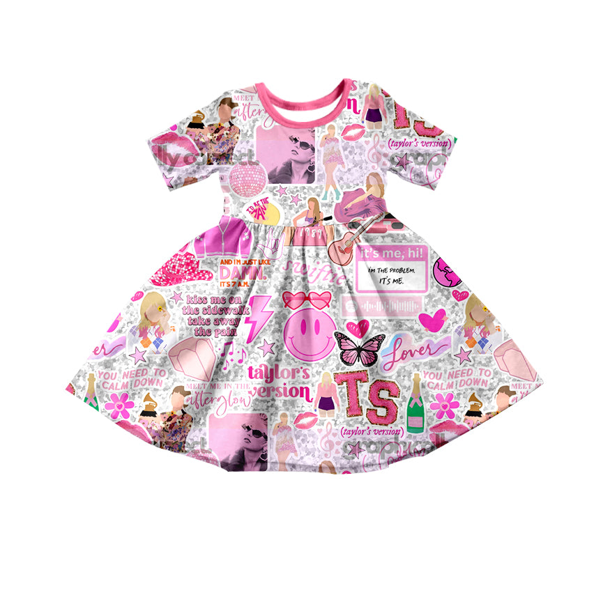 (Custom Design MOQ 5)NO.3 Pink Flowers Singer Design Girls Knee Length Dress