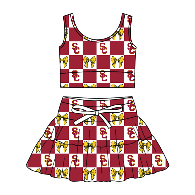 (Custom Design Preorder MOQ 5 Each Color) Team's USC Trjans Bows Plaid Print Girls Summer Clothes Sisters Matching Wear