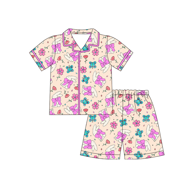 12.10 (Custom Design Preorder MOQ 5) Bunny Butterfly Flowers Bows Print Girls Easter Buttons Pajamas Clothes Set