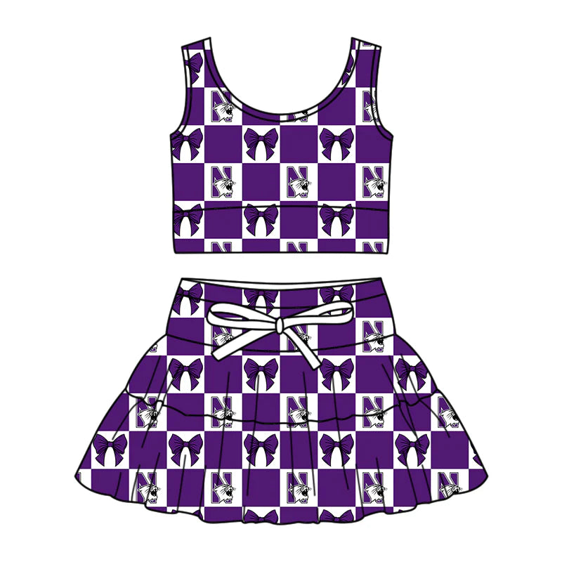 (Custom Design Preorder MOQ 5 Each Color) Team's Northwestern Wildcats Bows Plaid Print Girls Summer Clothes Sisters Matching Wear