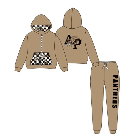 (Custom Design Preorder MOQ 5) Team's PANTHERS Zipper Hoodie Top Brown Pants Kids Fall Clothes Set