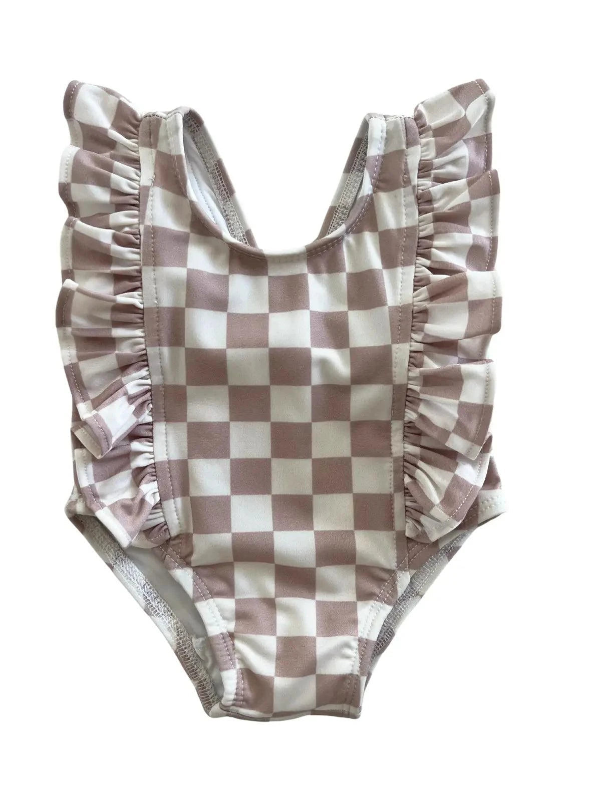 (Custom Design Preorder MOQ 5) Khaki Plaid Print Ruffle Girls 1 Piece Swimsuits