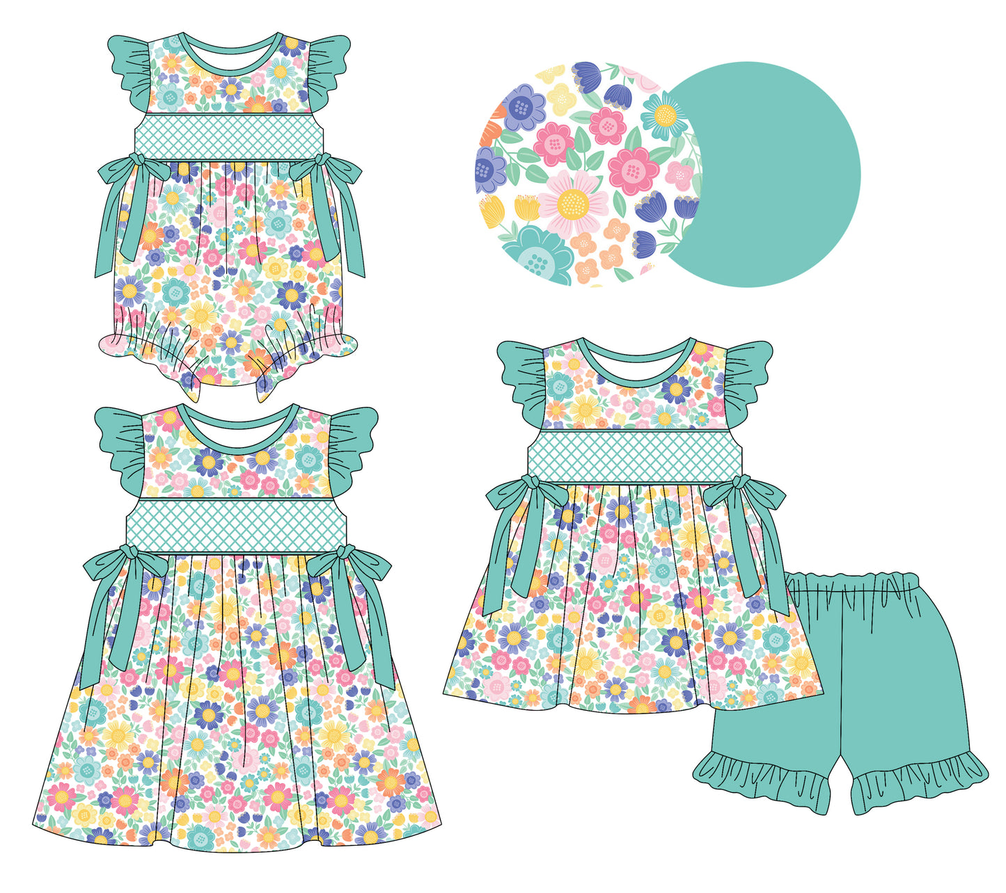 3.8(Custom Design Preorder MOQ 5 Each Design) Colorful Flowers Green Print Girls Summer Matching Clothes Sisters Wear