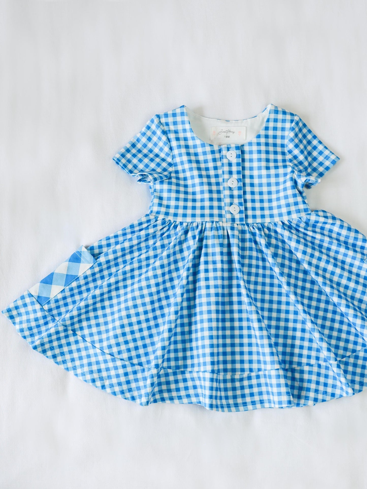 (Custom Design Preorder MOQ 5) Blue Plaid Print Pockets Girls Summer Knee Length Dress