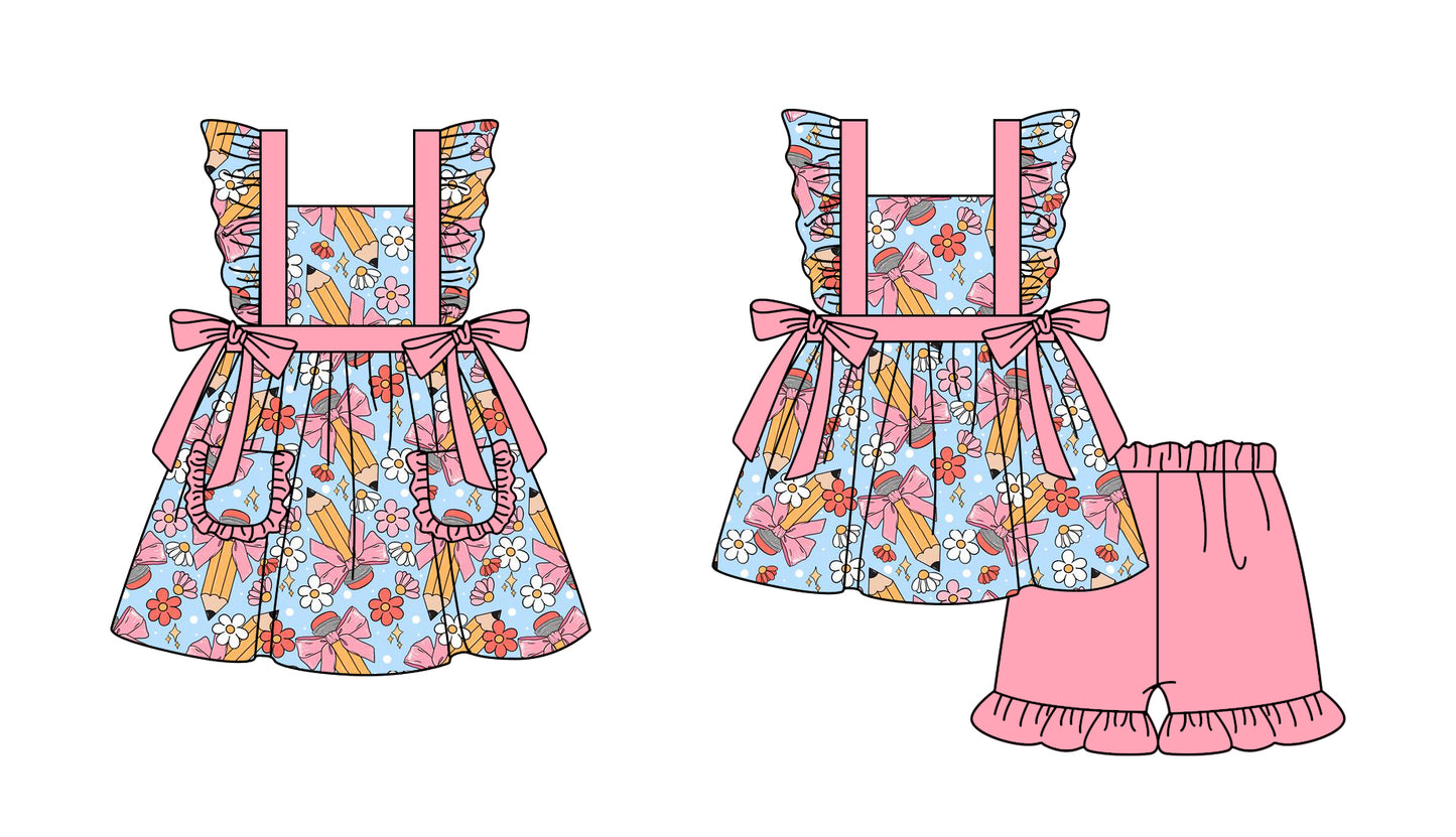 1.6(Custom Design Preorder MOQ 5 Each Design) Pen Bows Flowers Pink Print Girls Back to School Matching Clothes Sisters Wear