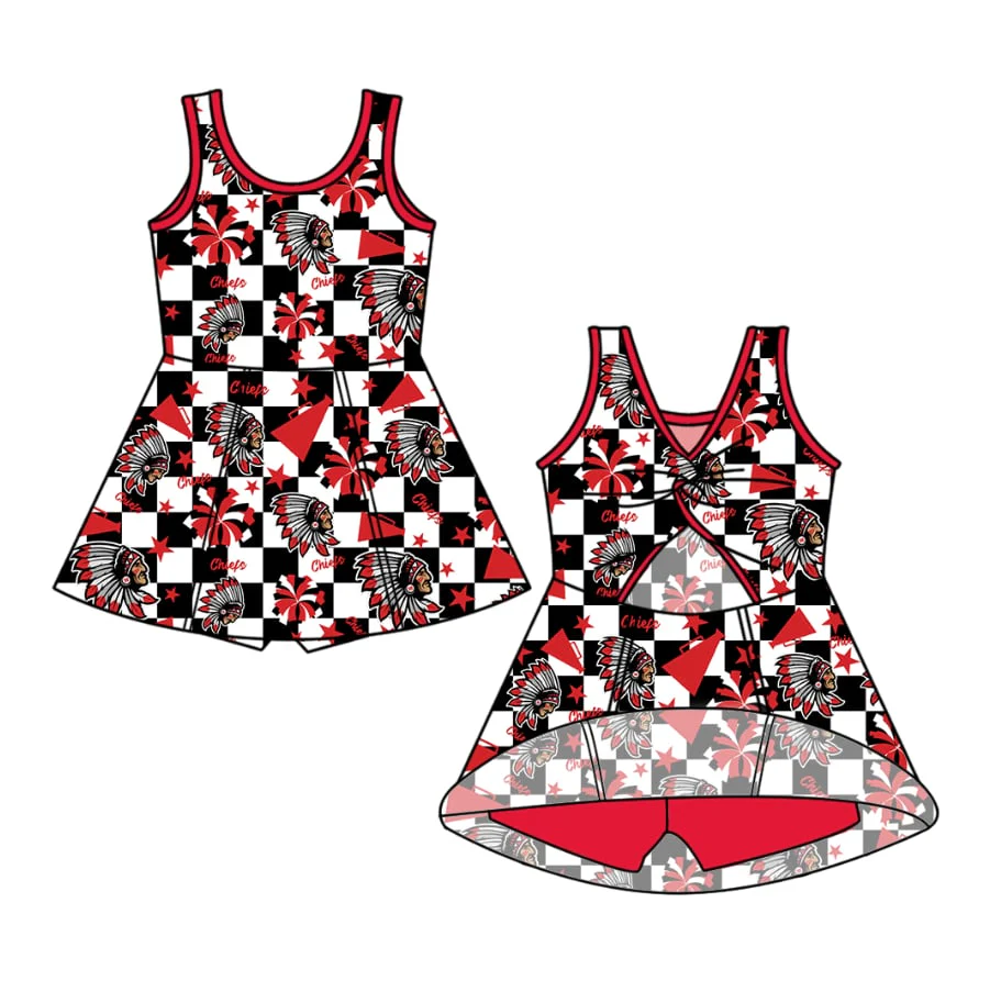 (Custom Design Preorder MOQ 5 ) Team's CHIEFS Plaid Print Shorts Skirts Girls Summer Yoga Dress