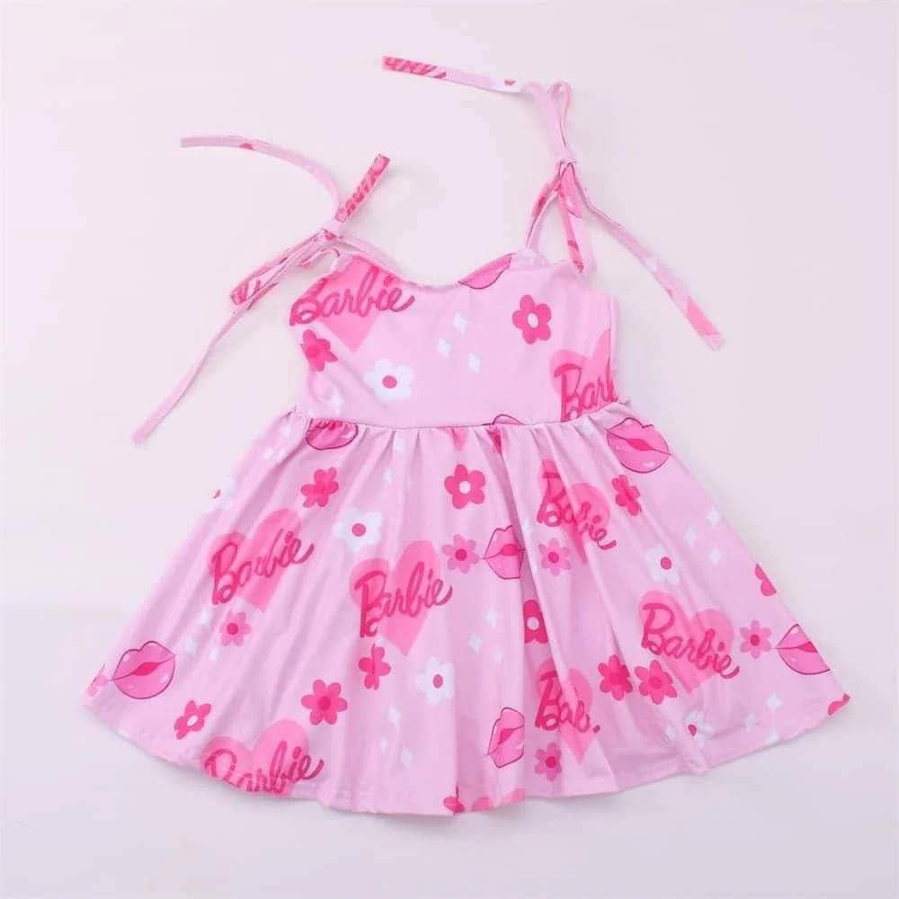 (Custom Design Preorder MOQ 5) Pink BA Flowers Print Girls Knee Length Summer Strap Dress
