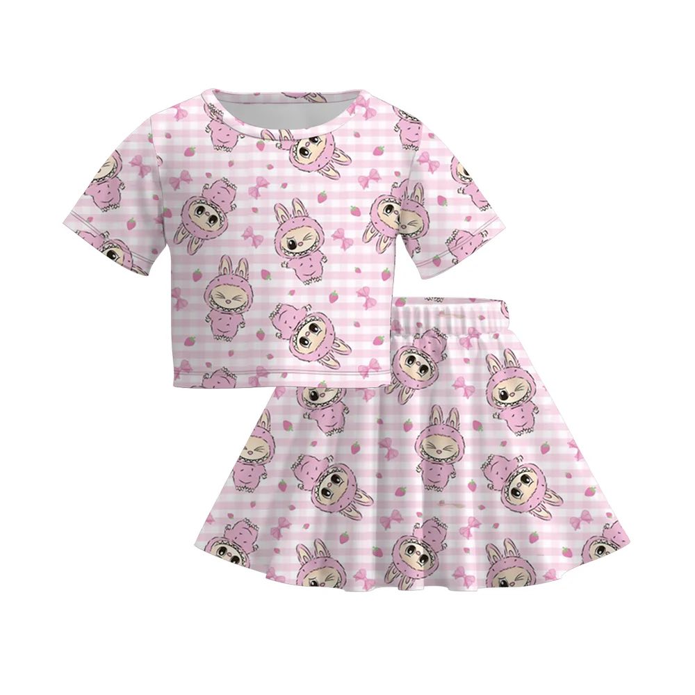 (Custom Design Preorder MOQ 5) Cartoon LABU* Strawberry Print Girls Summer Skirts Clothes Set
