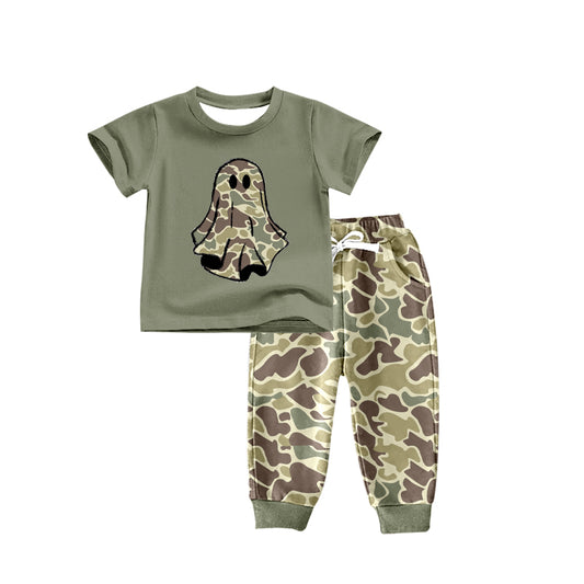 (Custom Design Preorder MOQ 5) Spooky Top Green Camo Pants Boys Halloween Clothes Set