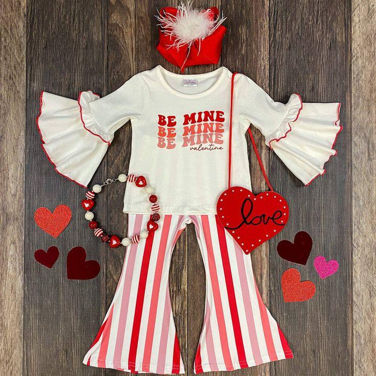 (Custom Design Preorder MOQ 5) Be Mine Ruffles Top Stripes Bell Pants Girls Valentine's Clothes Set