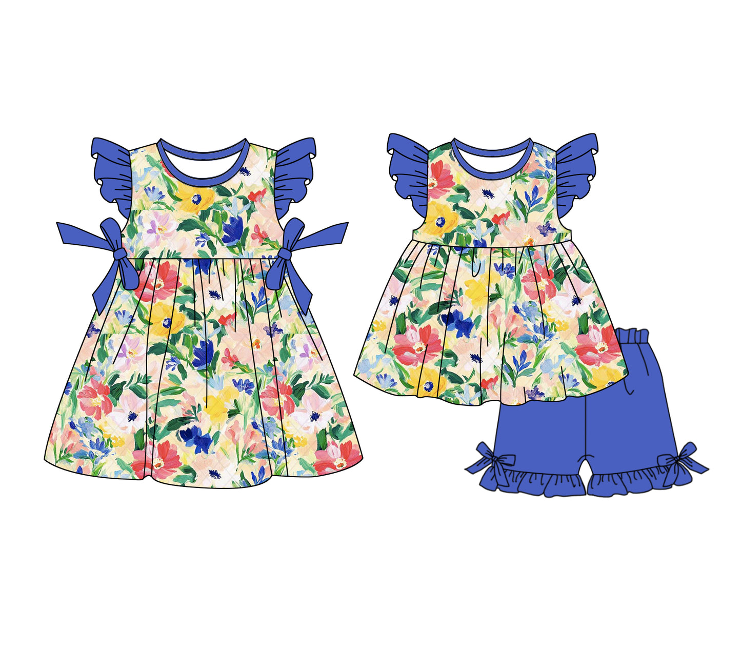 1.4(Custom Design Preorder MOQ 5 Each Design) Colorful Flowers Print Girls Summer Matching Clothes Sisters Wear