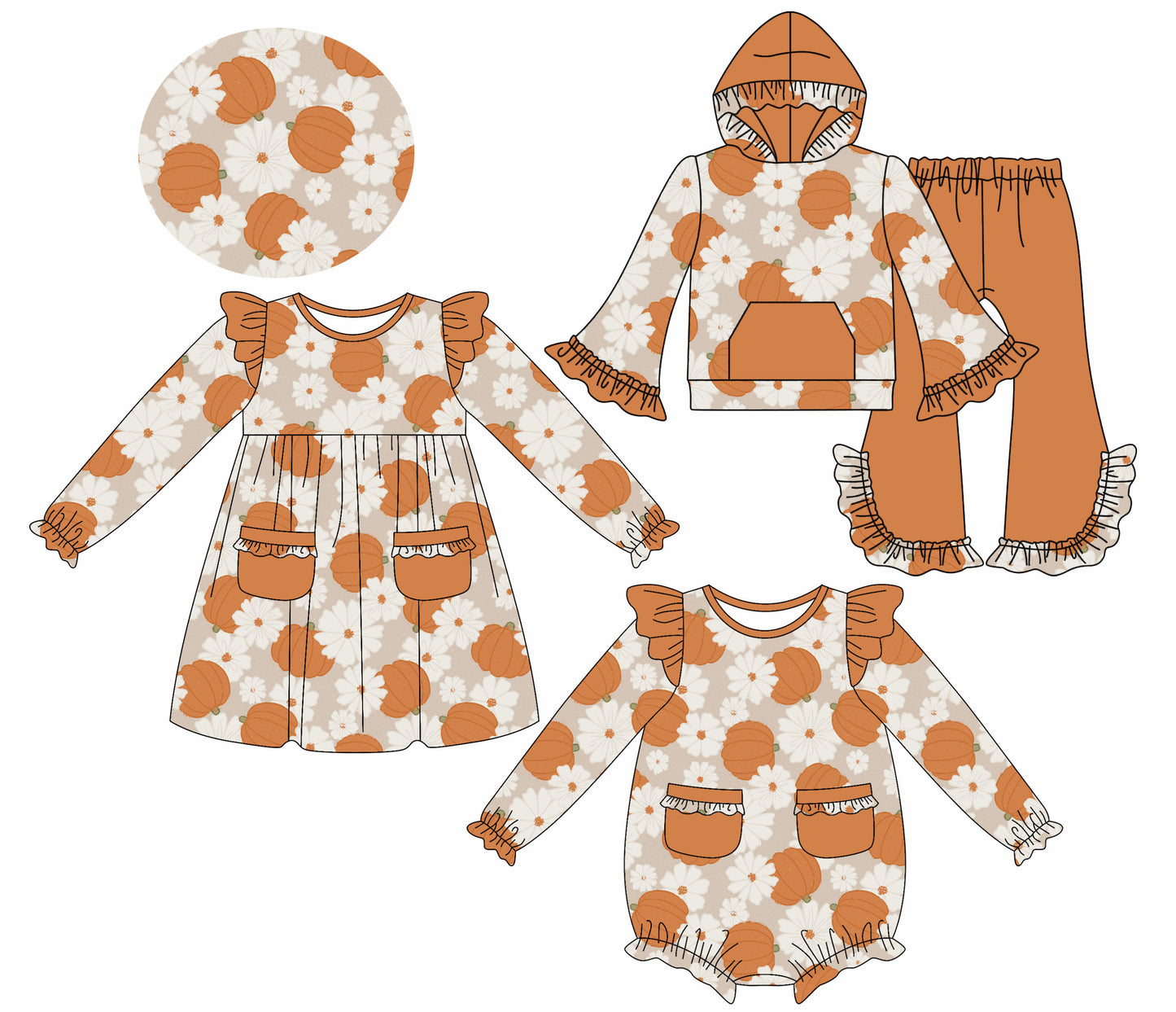 7.22(Custom Design Preorder MOQ 5 Each Design) Pumpkin Flowers Print Girls Fall Matching Clothes Sisters Wear