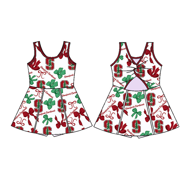 (Custom Design Preorder MOQ 5 Each Color) Team's Stanford Cardinal Bows Print Girls Summer Clothes Sisters Matching Wear