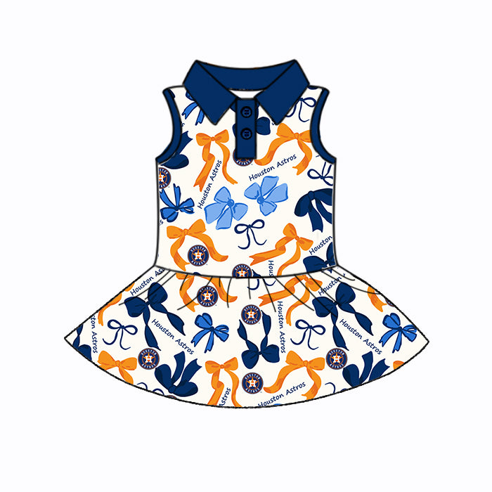 (Custom Design Preorder MOQ 5 Each Color) Team's HOUSTON ASTROS Bows Print Girls Summer Clothes Sisters Matching Wear