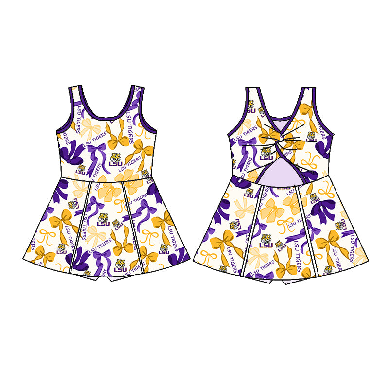 (Custom Design Preorder MOQ 5 Each Color) Team's LSU TIGERS Bows Print Girls Summer Clothes Sisters Matching Wear