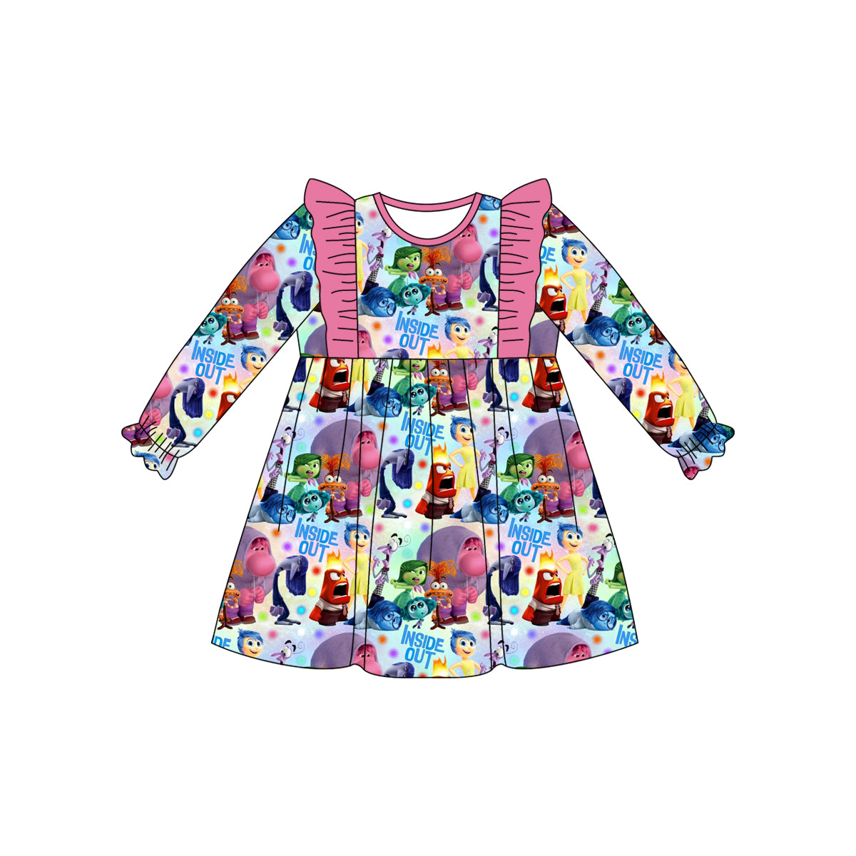 (Custom Design Preorder MOQ 5) Cartoon Figure Inside Out Tie-dye Print Girls Knee Length Dress