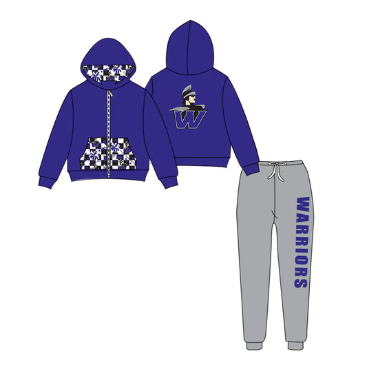 (Custom Design Preorder MOQ 5) Team's WARRIORS Zipper Hoodie Top Grey Pants Kids Fall Clothes Set
