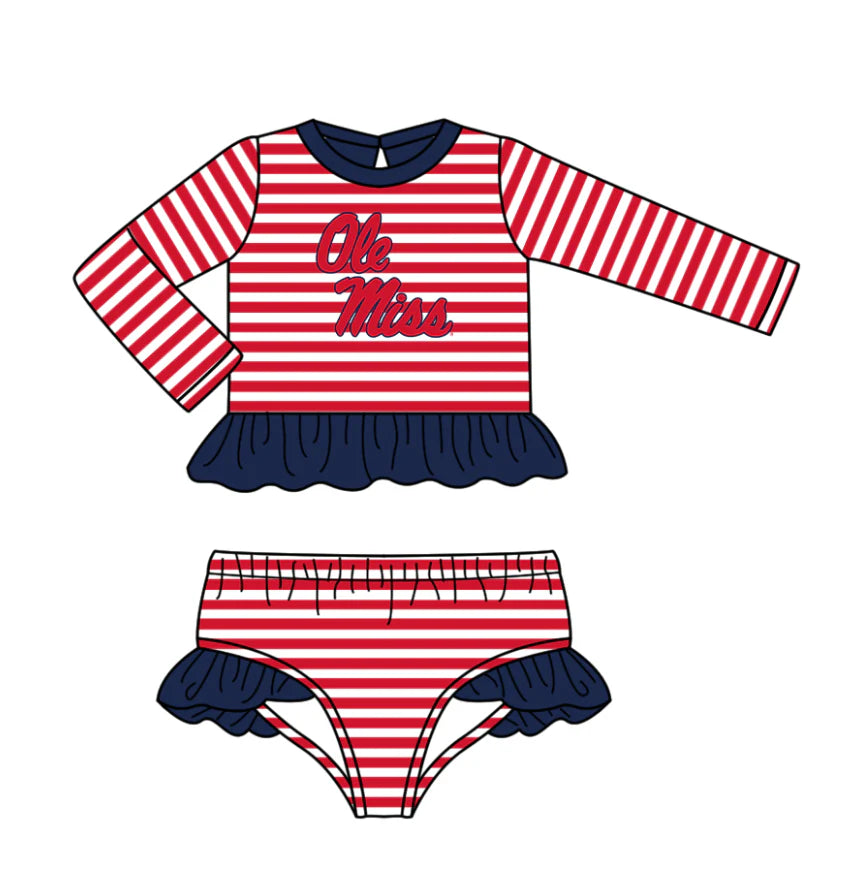 (Custom Design Preorder MOQ 5) Team's Ole Miss Stripes Print Girls 2 Pieces Swimsuits
