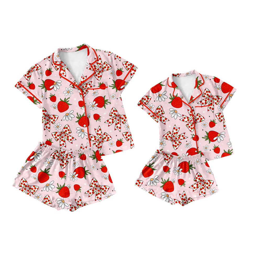 (Custom Design Preorder MOQ 5 Each Design) Strawberry Flowers Bows Print Buttons Pajamas Sets Mom and Me Summer Matching Clothes