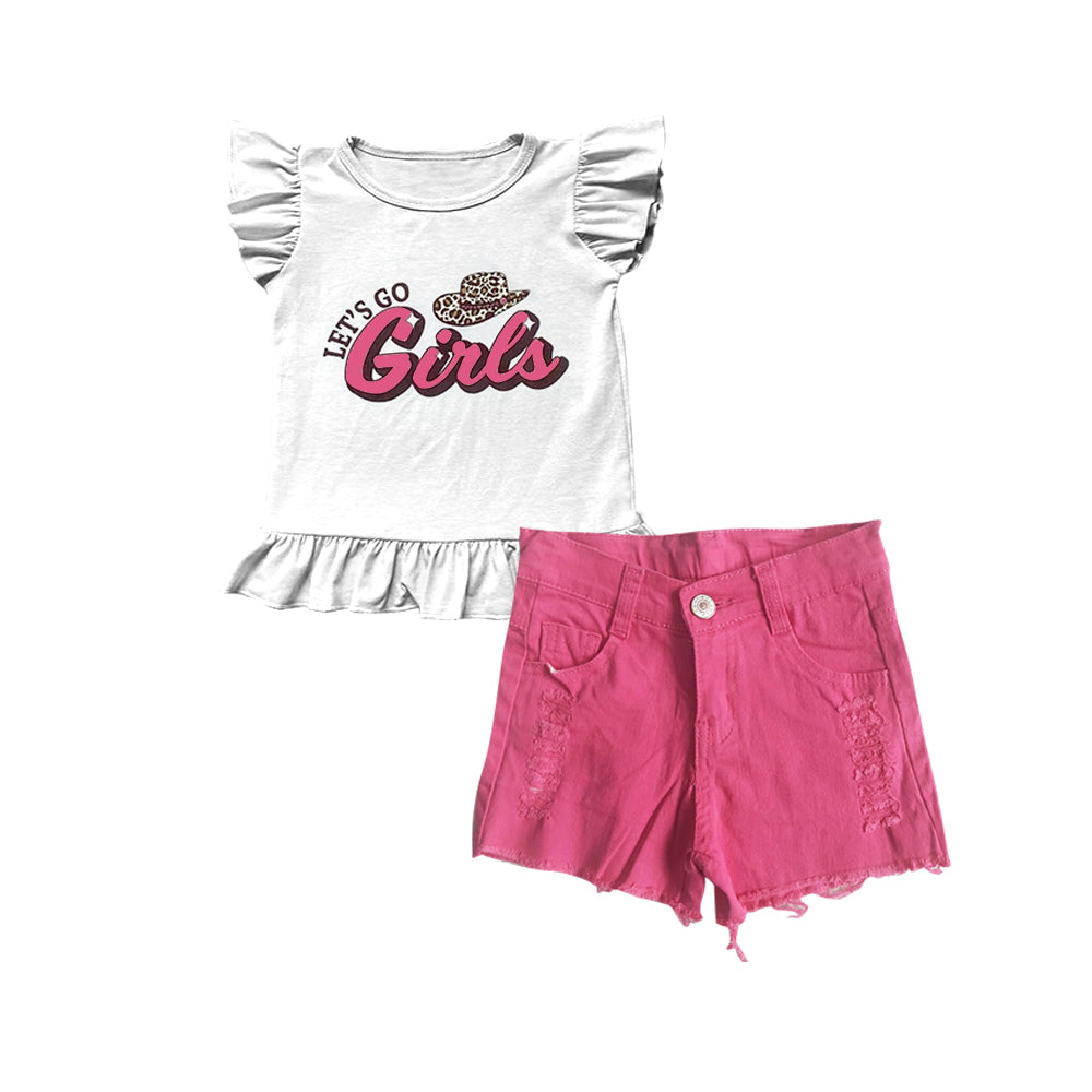 (Custom Design Preorder MOQ 5) Let's Go Girls Top Pink Hole Shorts Girls Summer Western Clothes Set
