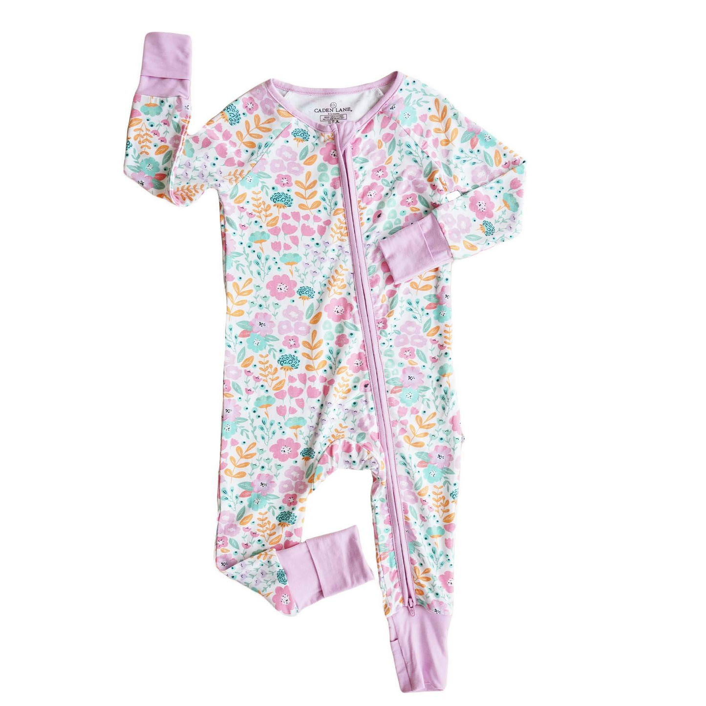(Custom Design Preorder MOQ 20) Pink Flowers Print Baby Girls Bamboo Fall Sleeper Zipper Romper