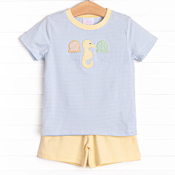 (Custom Design Preorder MOQ 5) Sea Horse Stripes Top Yellow Shorts Boys Summer Clothes Set