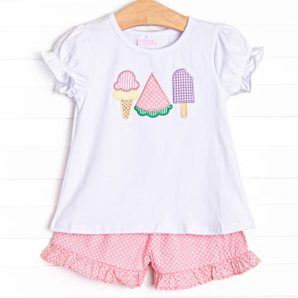 (Custom Design Preorder MOQ 5) Popsicle White Top Pink Dots Shorts Girls Summer Clothes Set