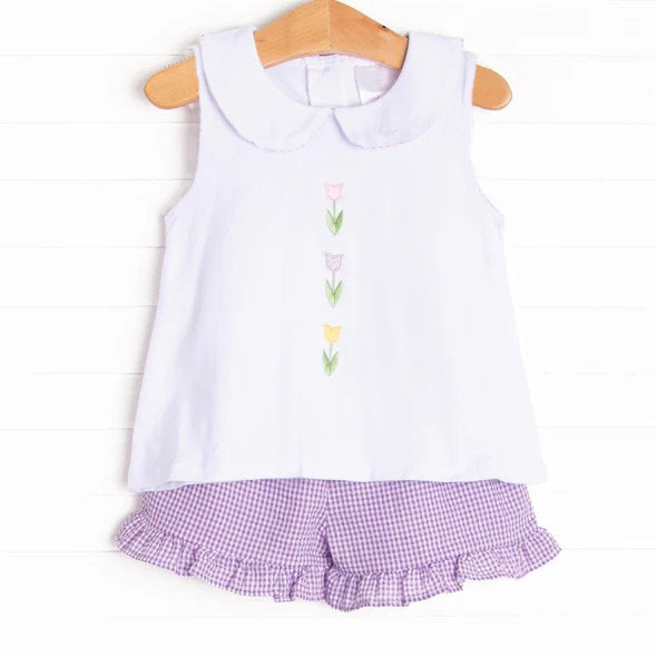 (Custom Design Preorder MOQ 5) Flowers White Tunic Top Purple Shorts Girls Summer Clothes Set