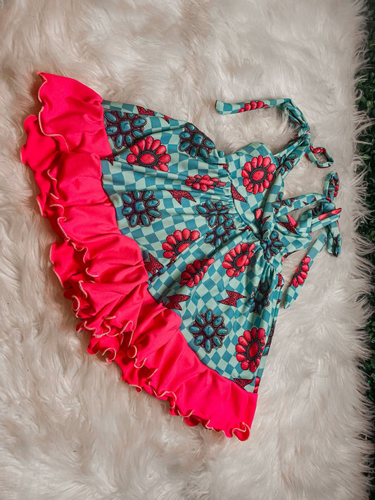 (Custom Design Preorder MOQ 5 ) Turquoise Plaid Print Girls Summer Western Knee Length Dress