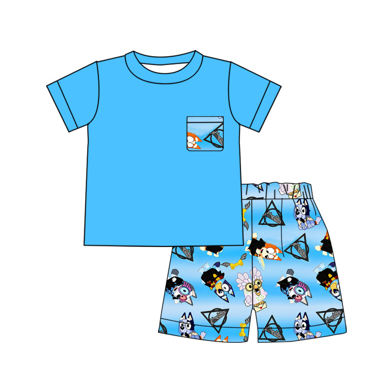 (Custom Design Preorder MOQ 5) Blue Pocket Top Cartoon Dog Shorts Boys Summer Clothes Set