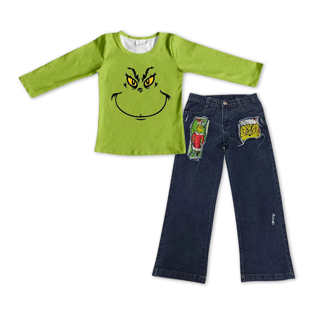 BLP0225 Christmas Frog Distressed Denim Pants Boys Clothes Set