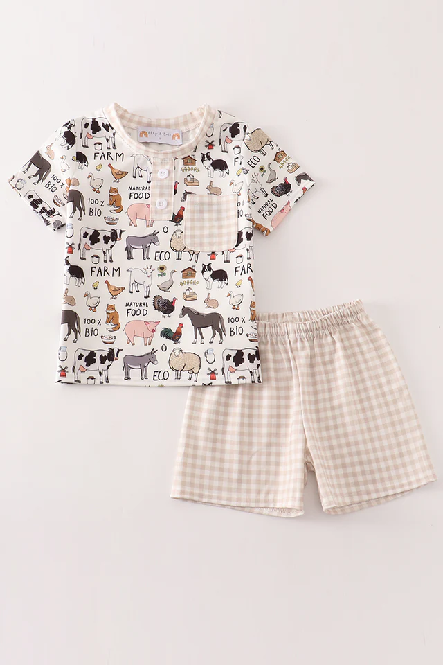 (Custom Design Preorder MOQ 5) Farm Animals Pocket Top Plaid Shorts Boys Summer Clothes Set