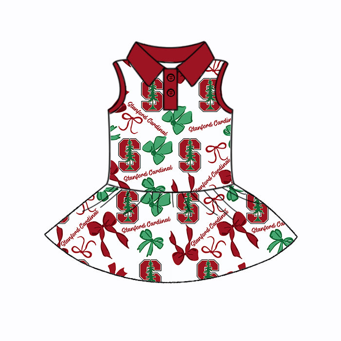 (Custom Design Preorder MOQ 5 Each Color) Team's Stanford Cardinal Bows Print Girls Summer Clothes Sisters Matching Wear