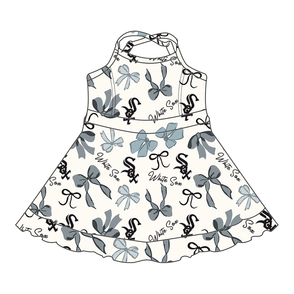 (Custom Design Preorder MOQ 5 Each Color) Team's WHITE SOX Bows Print Girls Summer Clothes Sisters Matching Wear