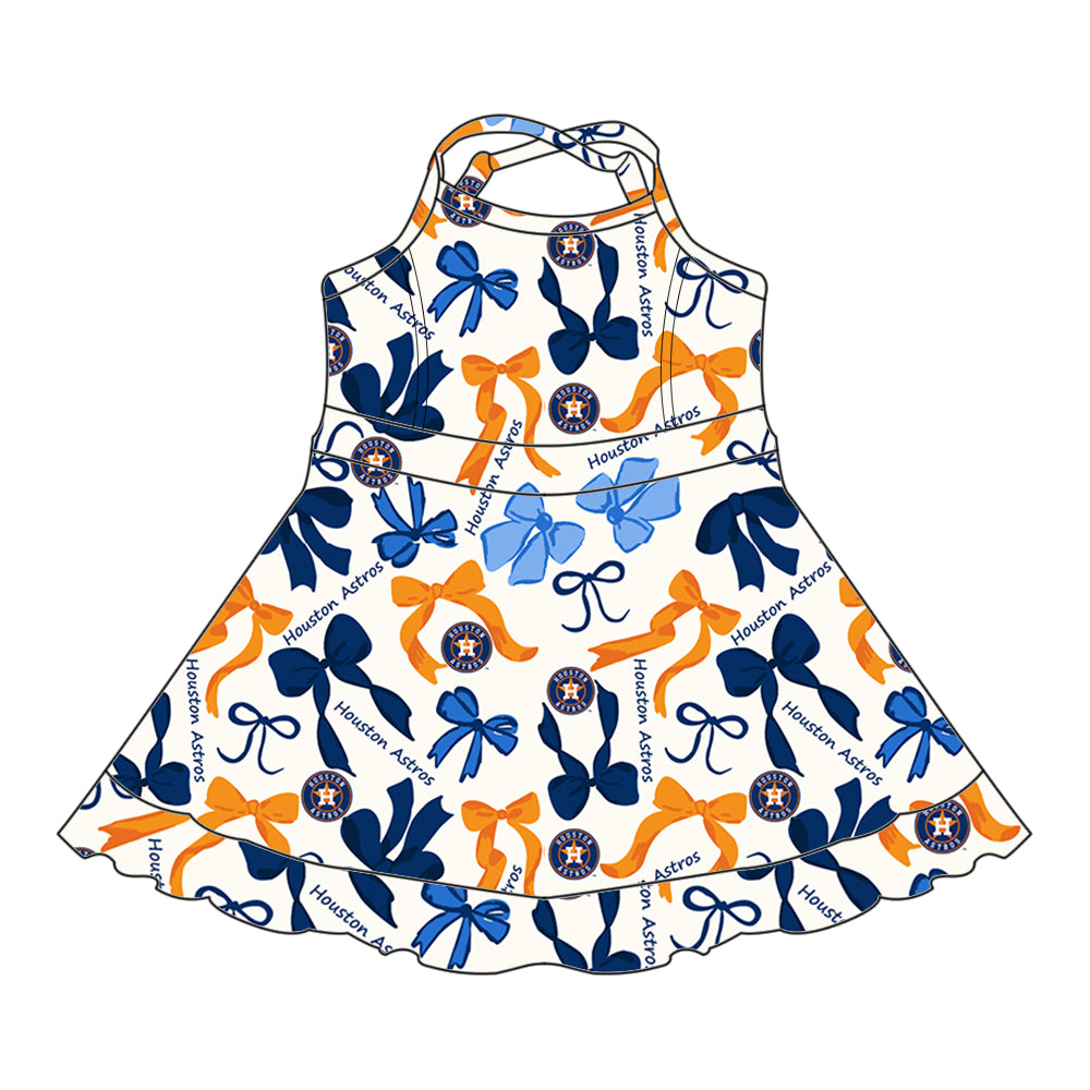 (Custom Design Preorder MOQ 5 Each Color) Team's HOUSTON ASTROS Bows Print Girls Summer Clothes Sisters Matching Wear