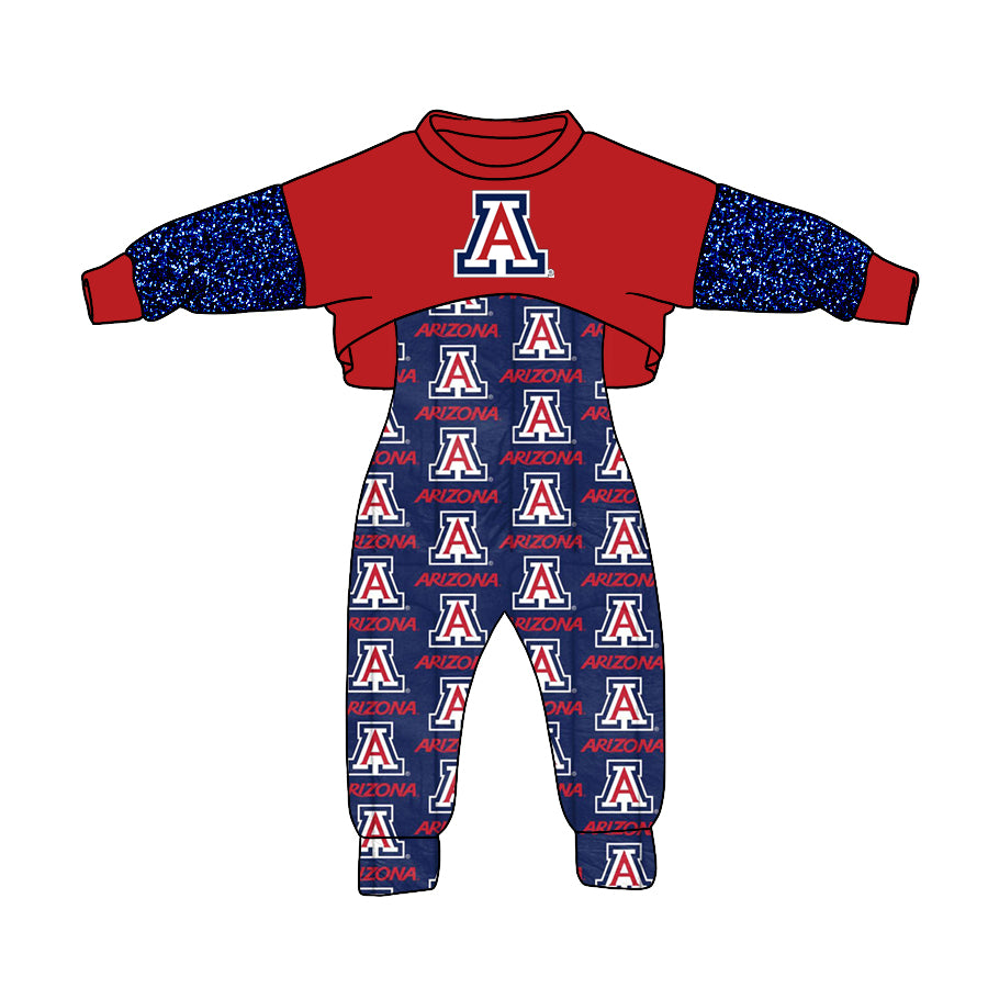 (Custom Design MOQ 5) NO.26 Dark Red Blue Football Team's Print Girls Jumpsuits Clothes Set