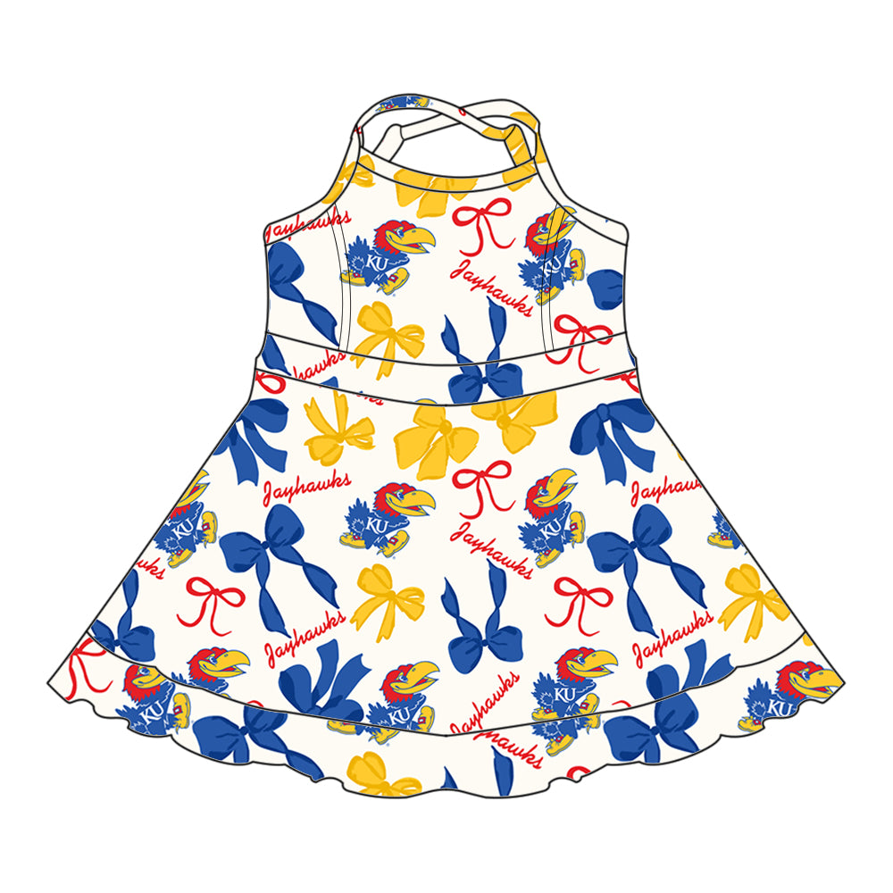 (Custom Design Preorder MOQ 5 Each Color) Team's JAYHAWKS Bows Print Girls Summer Clothes Sisters Matching Wear