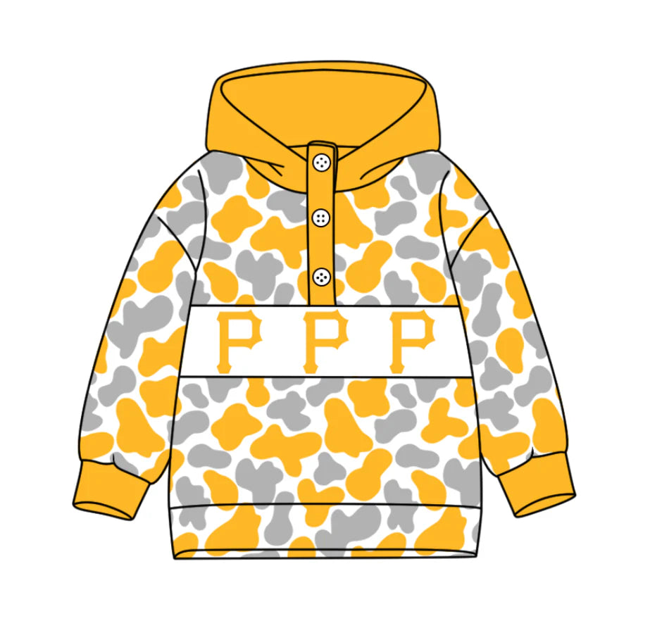 (Custom Design Preorder MOQ 5) Team's Pittsburgh Pirates Camo Print Kids Long Sleeve Buttons Hoodie Top